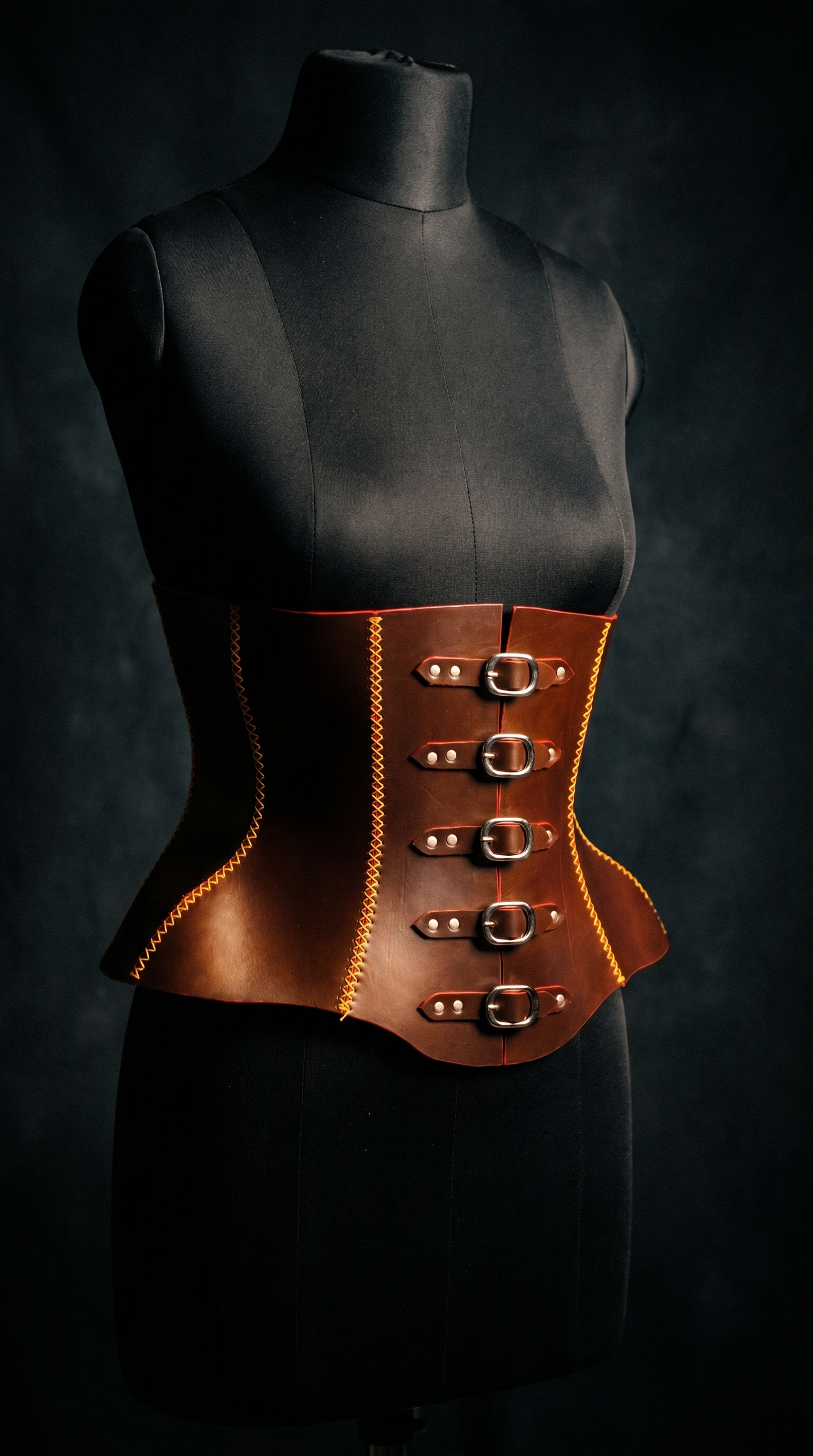 Macro close-up shot of hand-sewn black leather seams with high-precision saddle stitches
